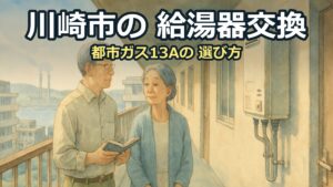 マンションの外廊下で、壁の給湯器を見ながら話す60代の夫婦