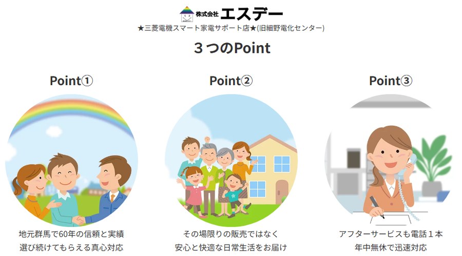 株式会社エスデーの公式サイトの画面。3つのPointとして、地元群馬で60年の信頼と実績などが絵と一緒に並んでいる