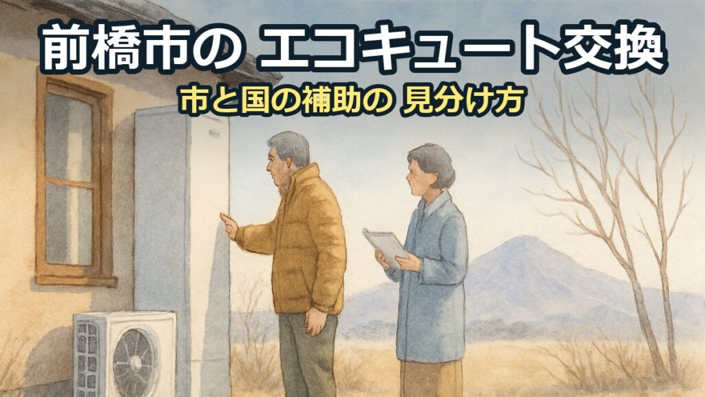 冬の晴れた朝、家の横で白いエコキュートのタンクを確かめる60代の夫婦。遠くに山