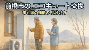 冬の晴れた朝、家の横で白いエコキュートのタンクを確かめる60代の夫婦。遠くに山