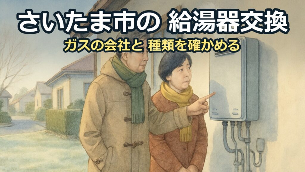 冬の朝、家の外壁の給湯器を指さして確かめる50代の夫婦