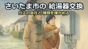 冬の朝、家の外壁の給湯器を指さして確かめる50代の夫婦