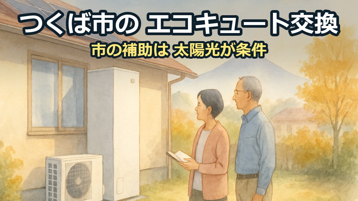 家の横で、白いエコキュートのタンクとヒートポンプを見る60代の夫婦。屋根に太陽光パネル