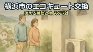 横浜市の坂の住宅地で、家の横のエコキュートの貯湯タンクとヒートポンプを見る50代の夫婦